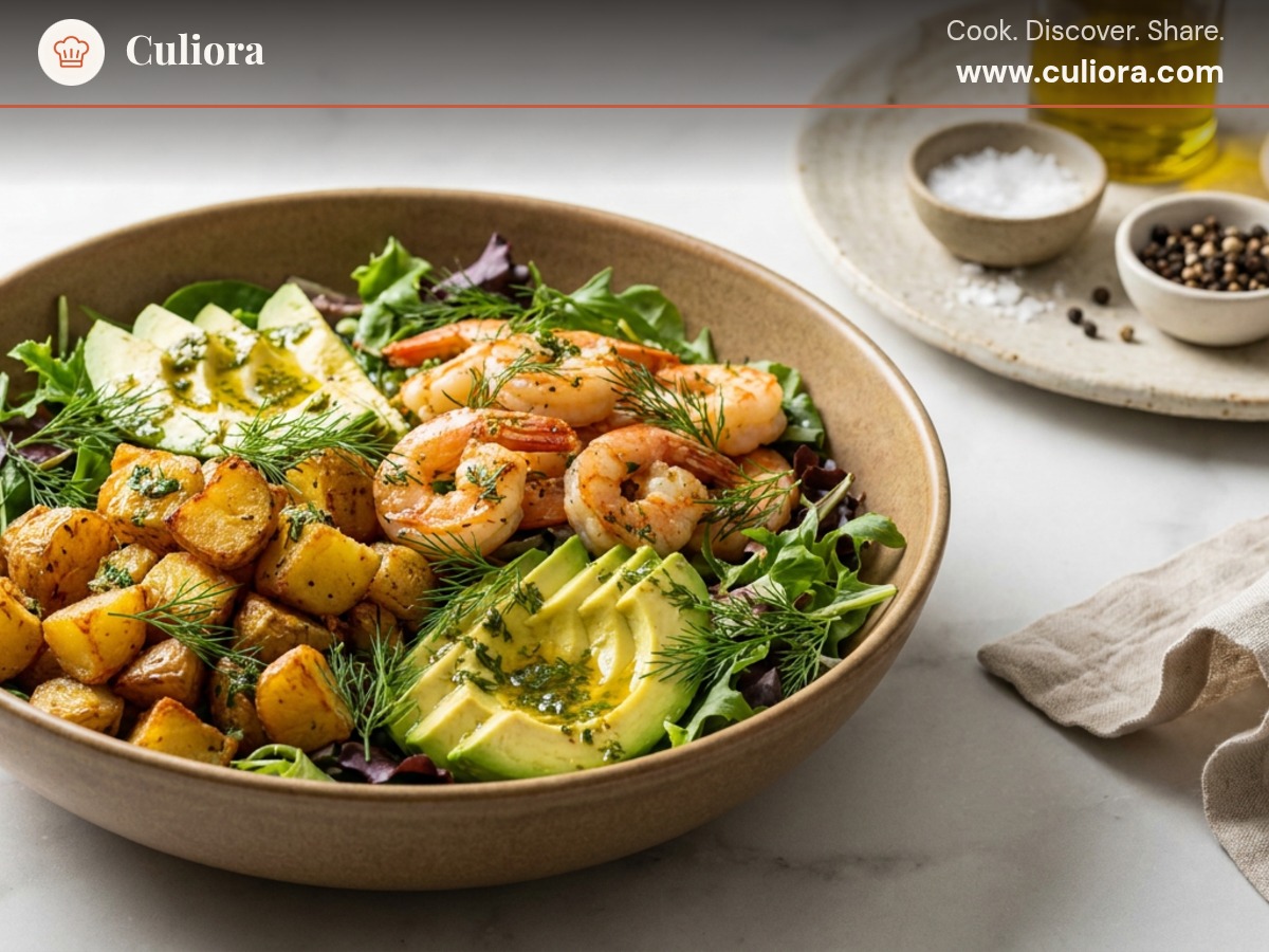 Crispy Potato, Shrimp & Avocado Salad served on a plate, photographed in natural light