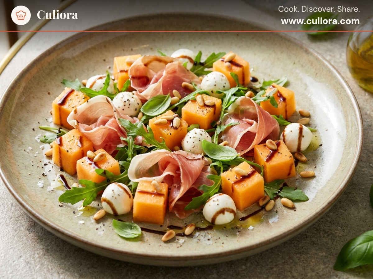 Serranosallad med melon served on a plate, photographed in natural light