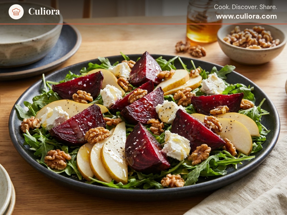 Rödbetssallad med chèvre, valnötter och honungsvinägrett served on a plate, photographed in natural light