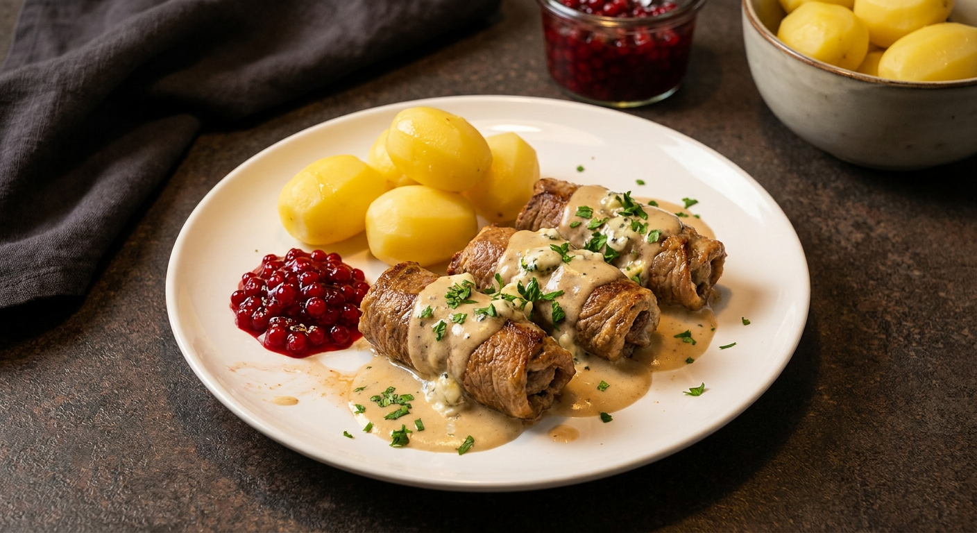 Fyllda lövbiffsrullader i krämig roquefortsås och potatis served on a plate, photographed in natural light