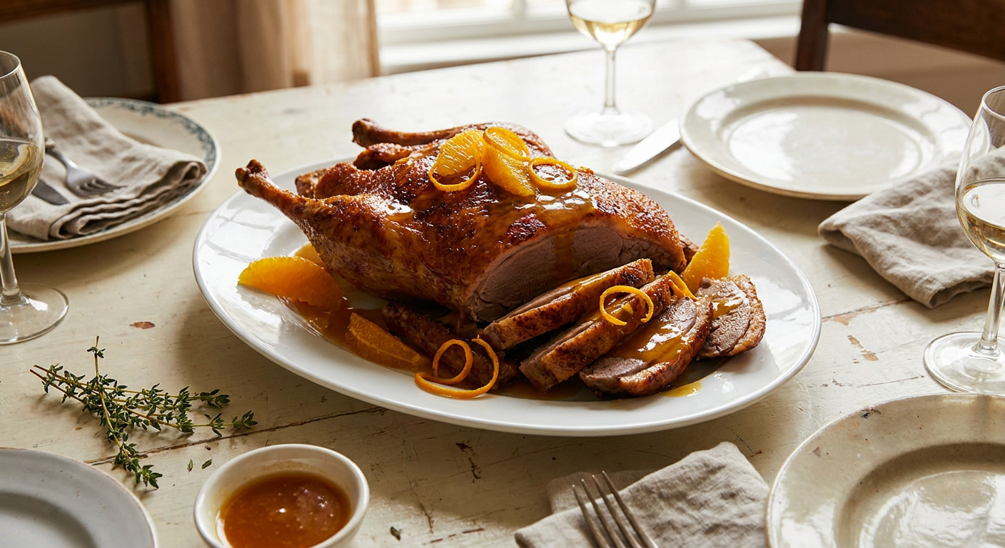 Canard à l'Orange served on a plate, photographed in natural light