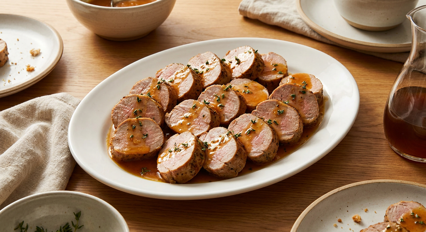 Filet de porc à l’érable et à la moutarde served on a plate, photographed in natural light