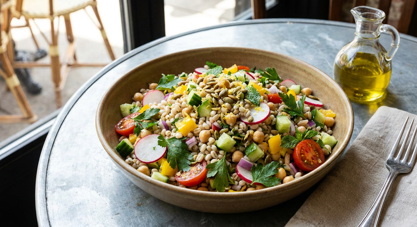 Salade du Monde served on a plate, photographed in natural light