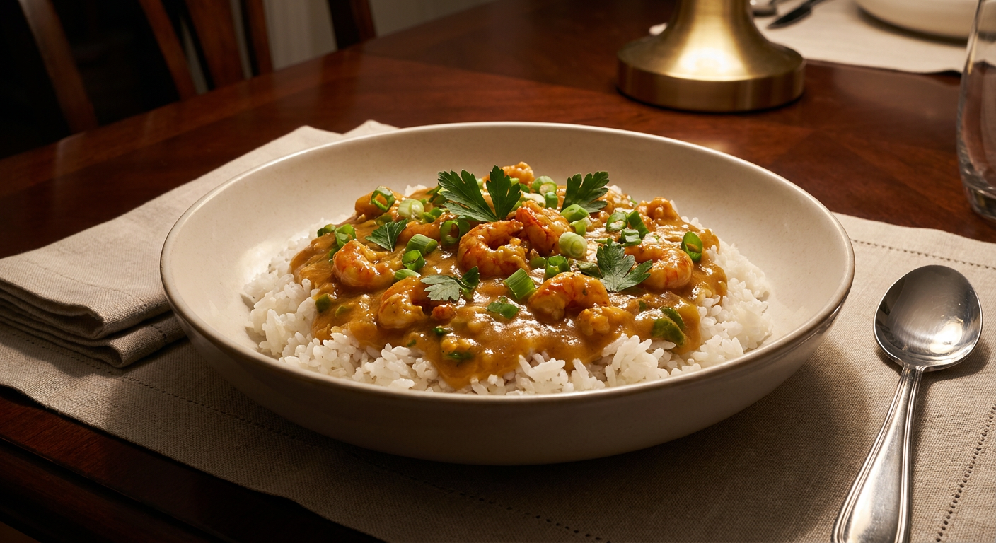 Crawfish Étouffée with Louisiana Rice served on a plate, photographed in natural light