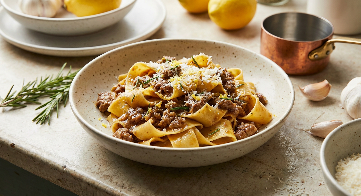 Italiensk lammragù med citron och rosmarin served on a plate, photographed in natural light