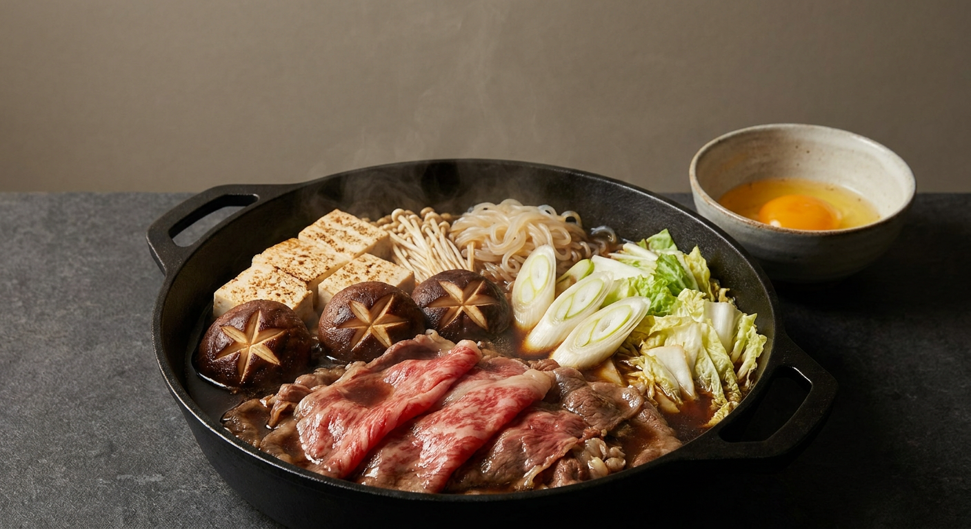 Japansk sukiyaki served on a plate, photographed in natural light