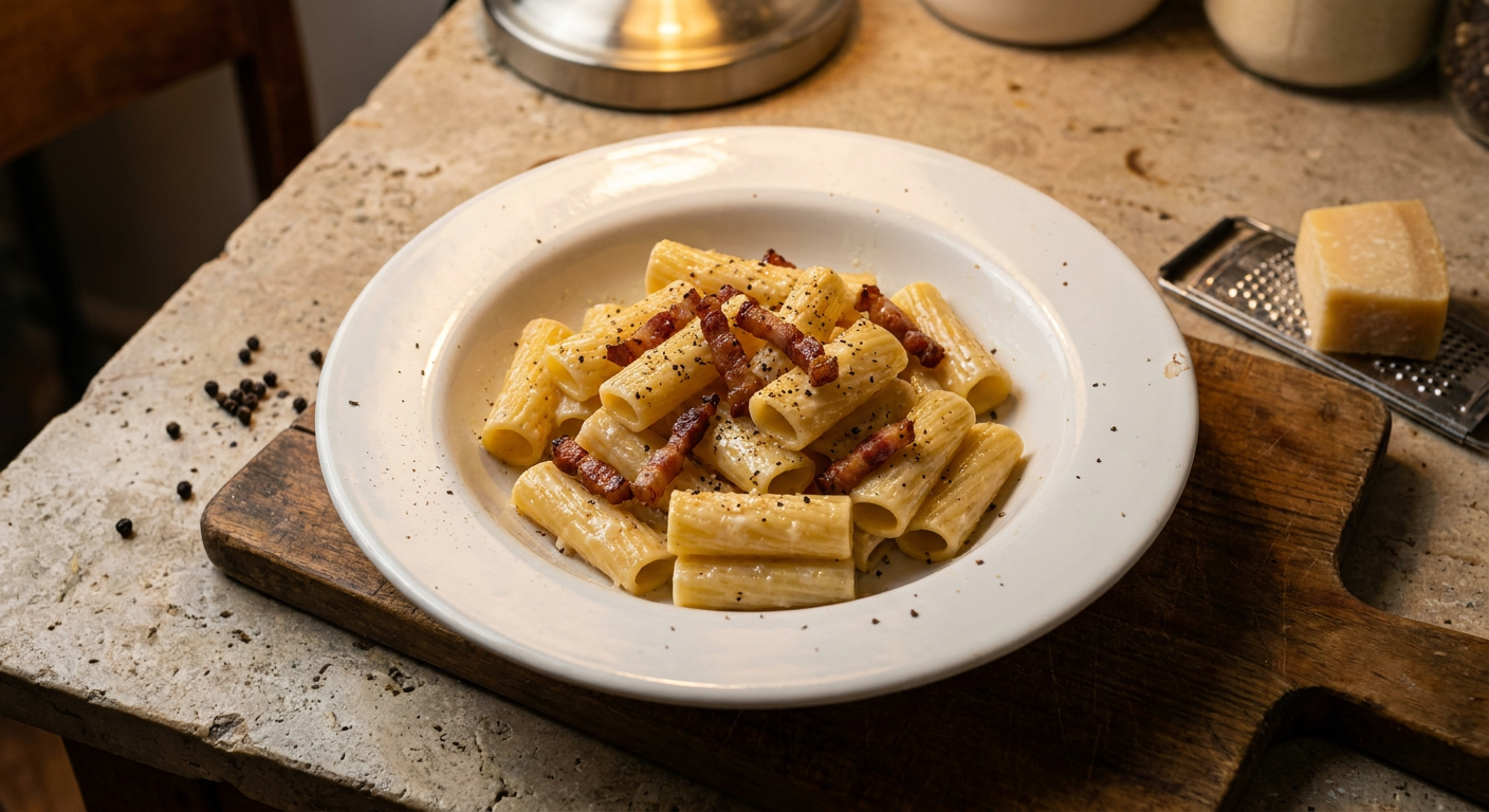 Pasta alla gricia served on a plate, photographed in natural light