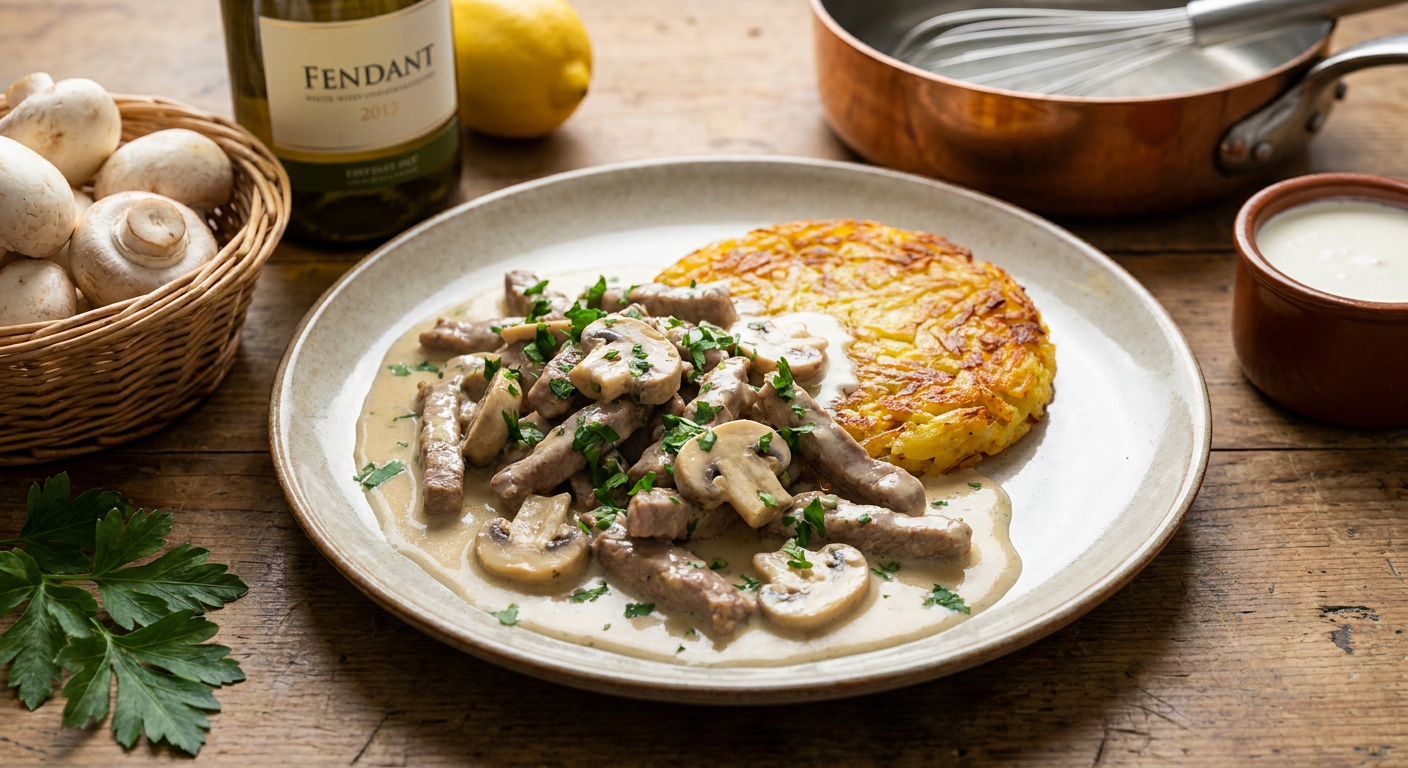Zürcher Geschnetzeltes (Zurich-Style Veal in Cream Sauce) served on a plate, photographed in natural light