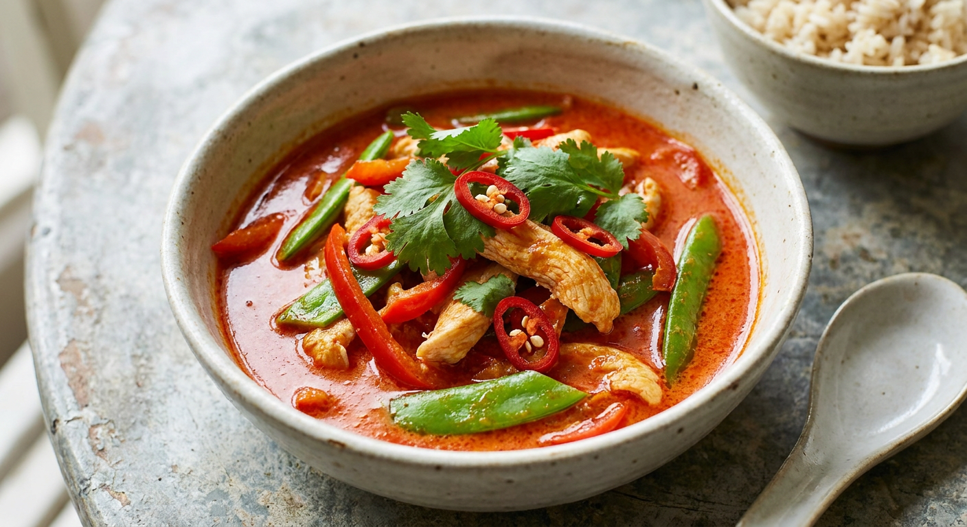 Het kycklinggryta med kokosmjölk och chili served on a plate, photographed in natural light