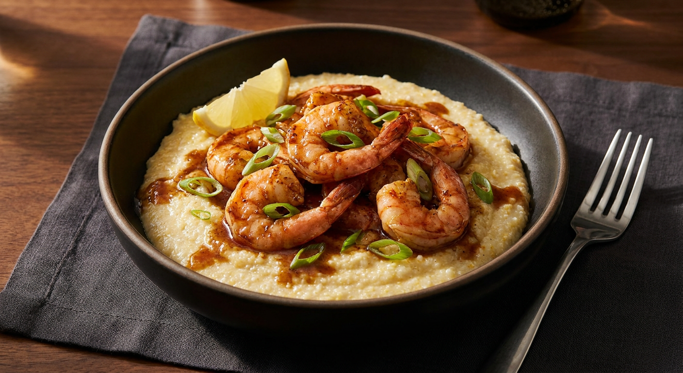 New Orleans BBQ Shrimp with Creamy Grits served on a plate, photographed in natural light
