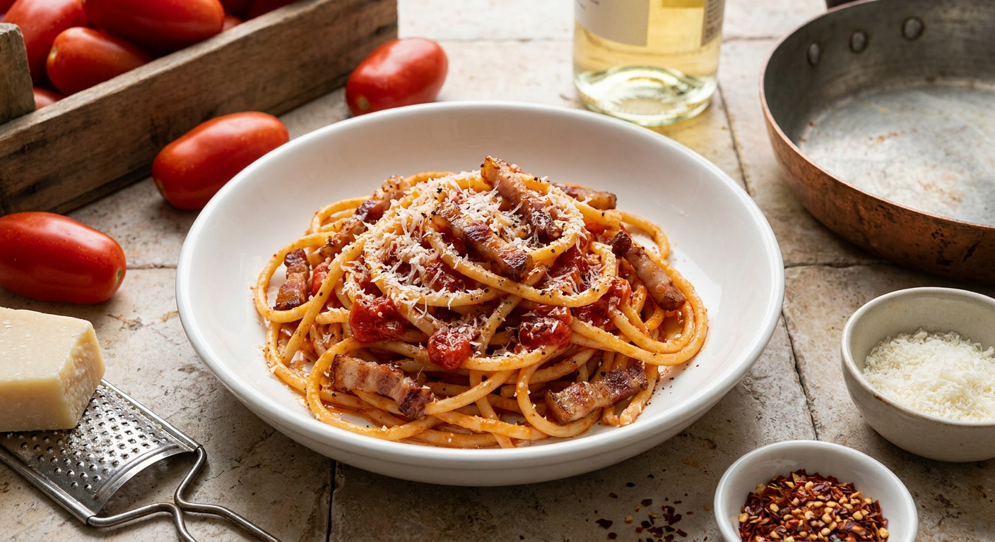Pasta all'Amatriciana served on a plate, photographed in natural light
