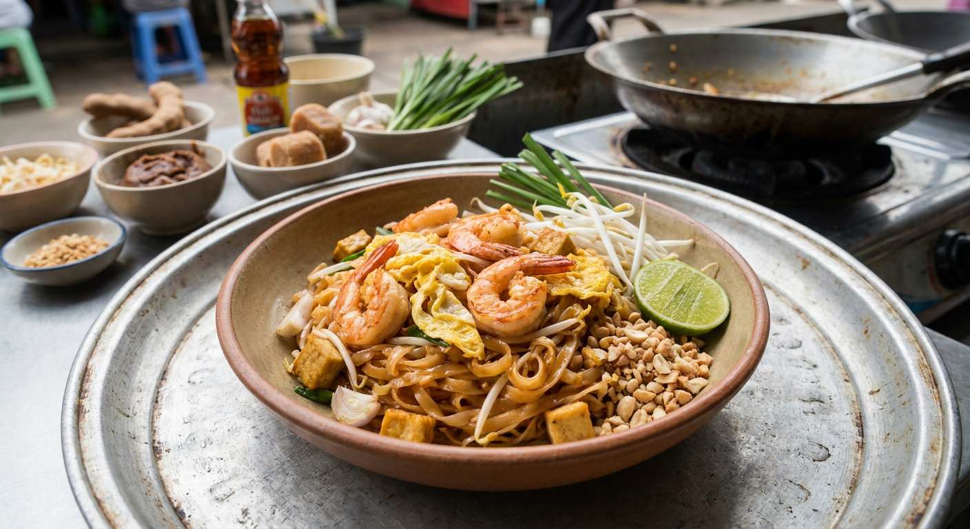 Klassisk Pad Thai med räkor served on a plate, photographed in natural light