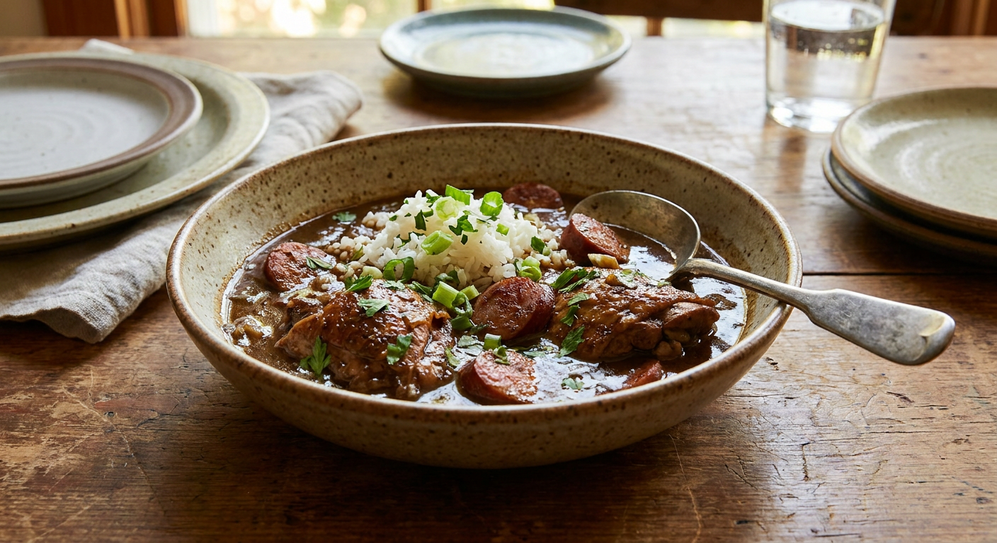 Chicken and Andouille Sausage Gumbo served on a plate, photographed in natural light