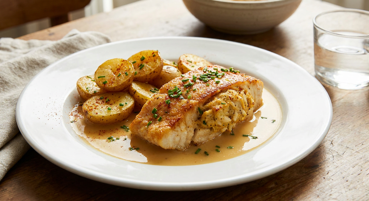 Crab-Stuffed Redfish with Creole Beurre Blanc & Roasted Potatoes served on a plate, photographed in natural light