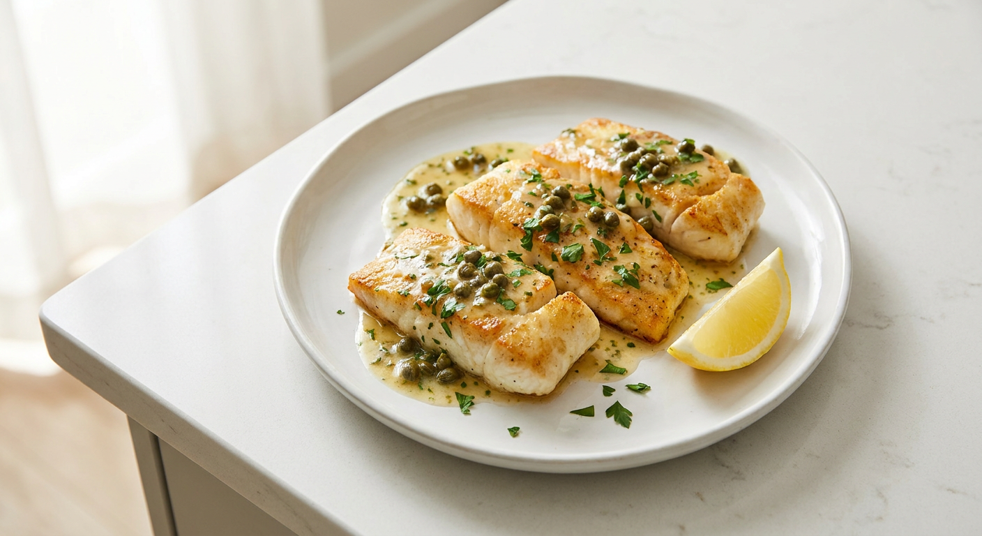 Pan-Seared Cod in Lemon Caper Butter served on a plate, photographed in natural light