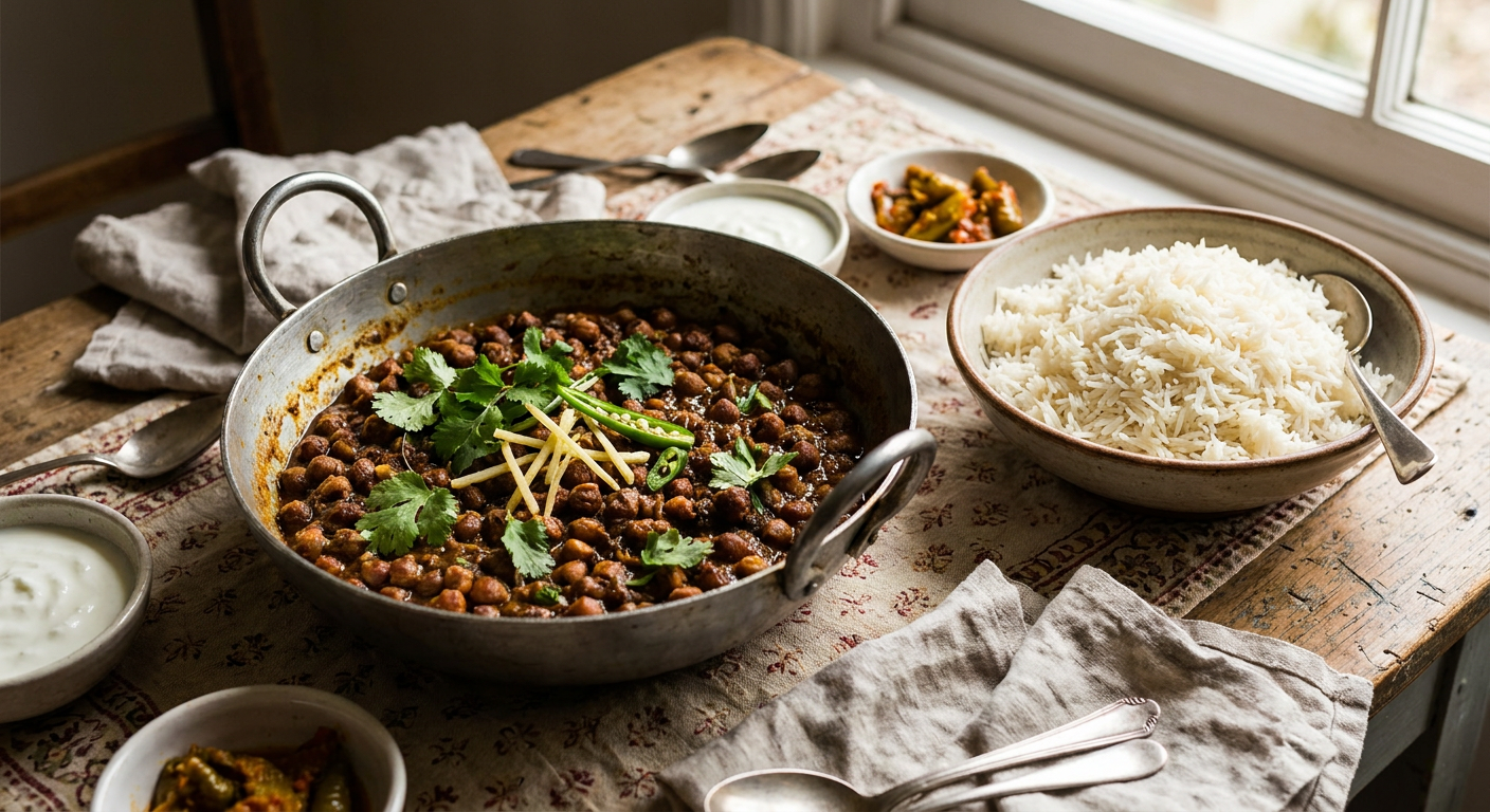 Chana Masala served on a plate, photographed in natural light