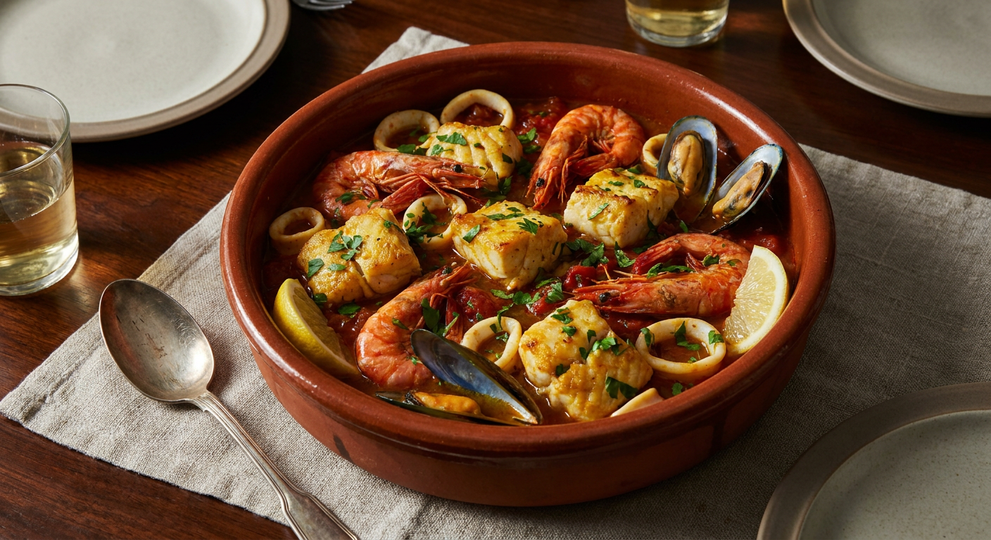 Zarzuela de Mariscos served on a plate, photographed in natural light