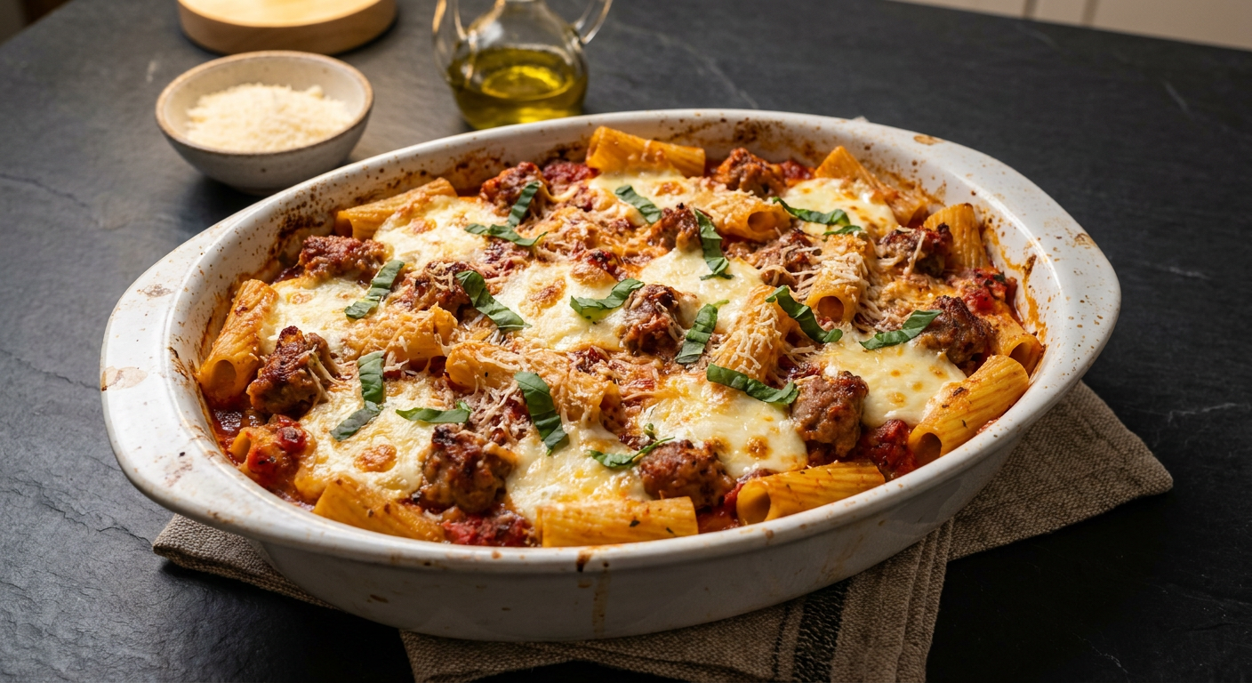 Pasta Pasticciata med salsiccia och mascarpone served on a plate, photographed in natural light