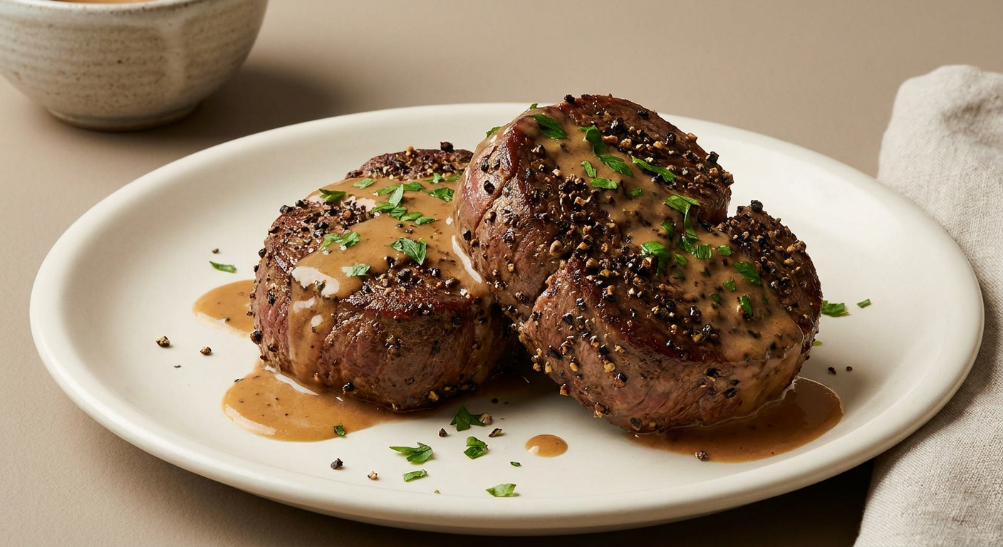 Steak au Poivre served on a plate, photographed in natural light