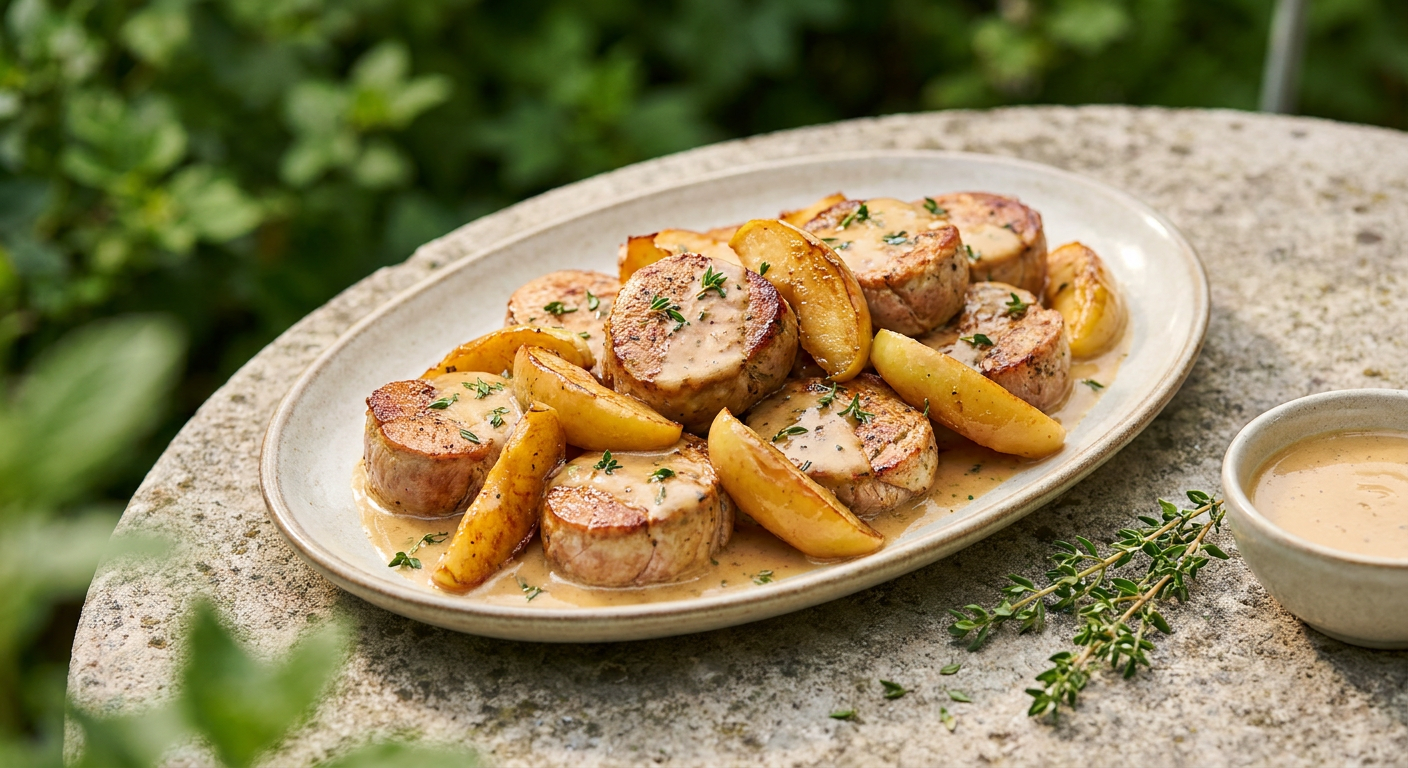 Filet mignon de porc à la normande served on a plate, photographed in natural light