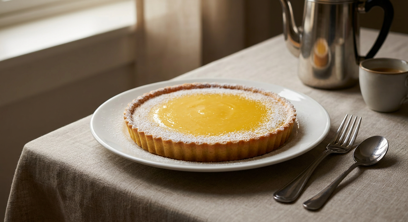 Tarte au citron served on a plate, photographed in natural light