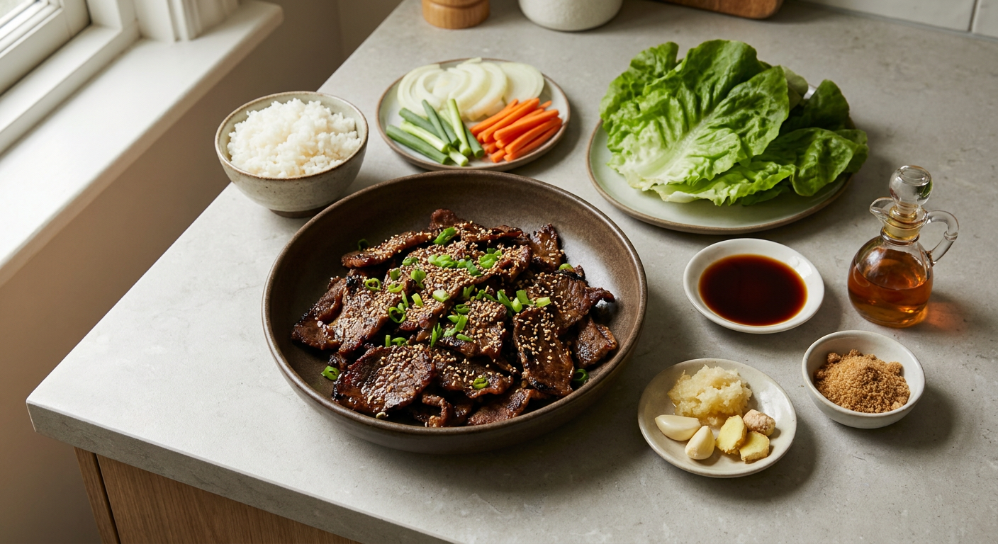 Koreansk beef bulgogi served on a plate, photographed in natural light