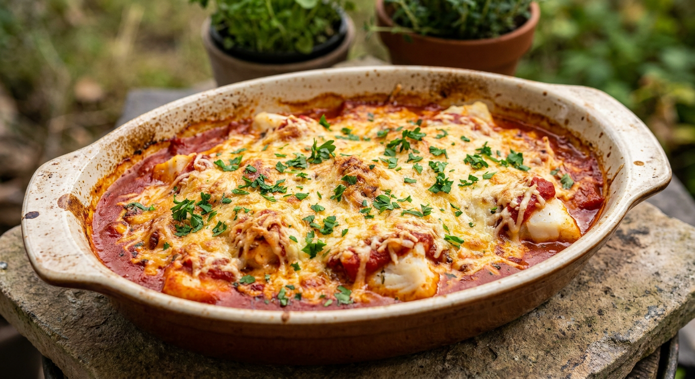 Fiskgratäng i tomatsås served on a plate, photographed in natural light