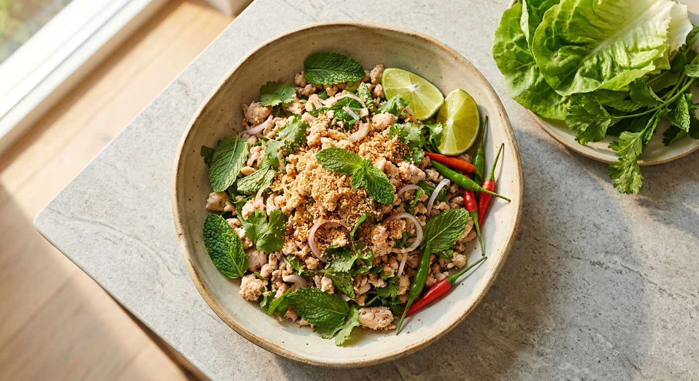 Laotisk laap med rostat klibbris served on a plate, photographed in natural light
