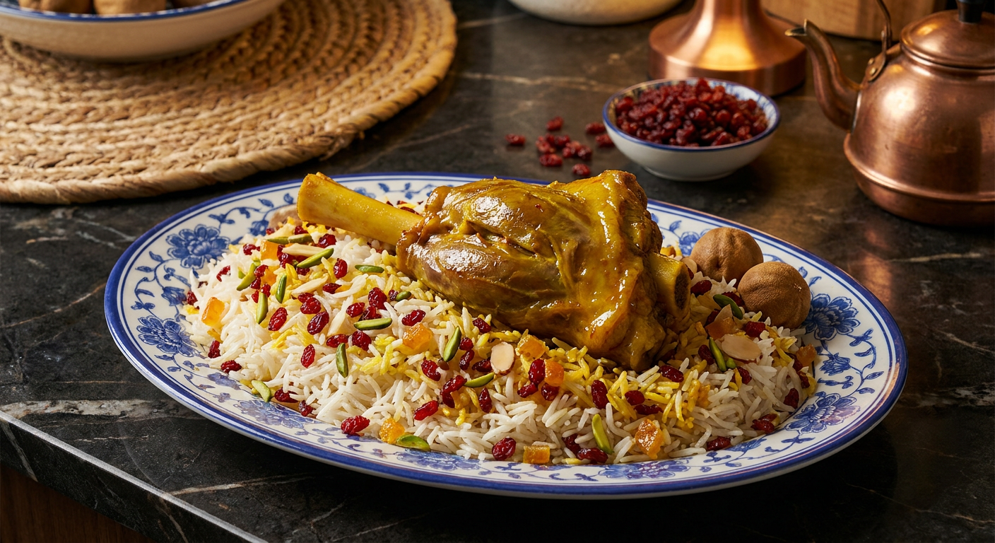 Persian Saffron-Braised Lamb Shank with Jeweled Rice served on a plate, photographed in natural light