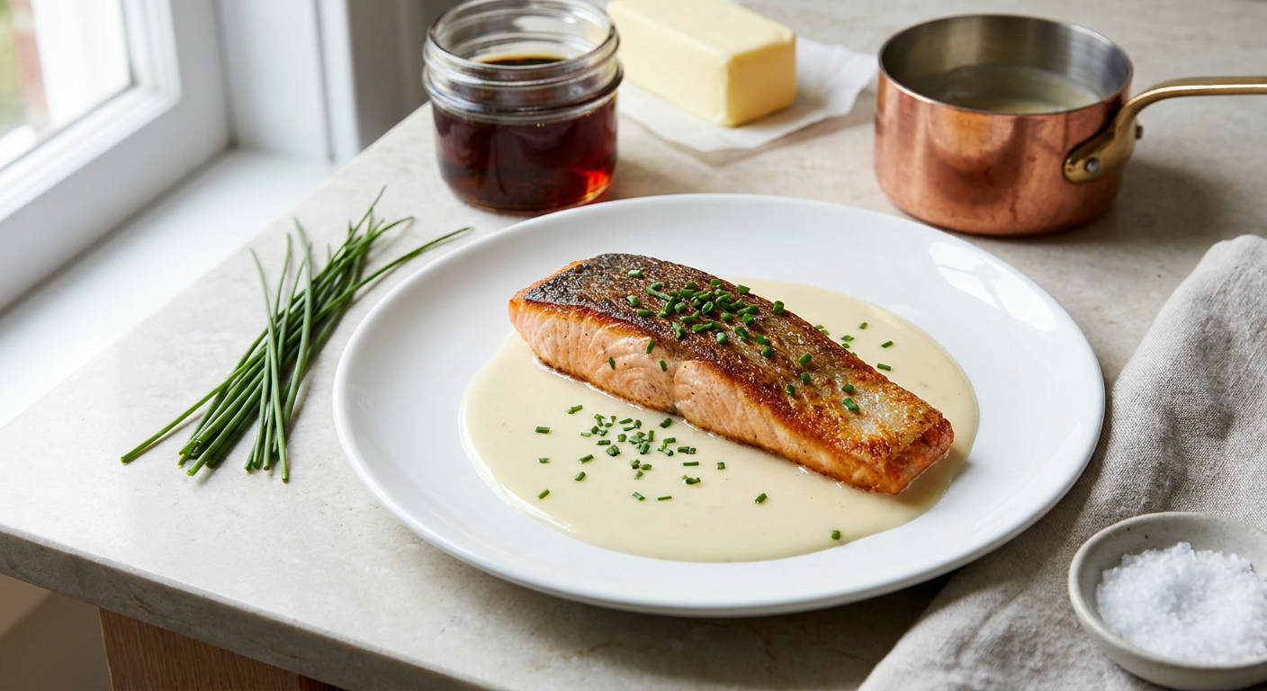 Quebec Salmon with Maple Beurre Blanc served on a plate, photographed in natural light