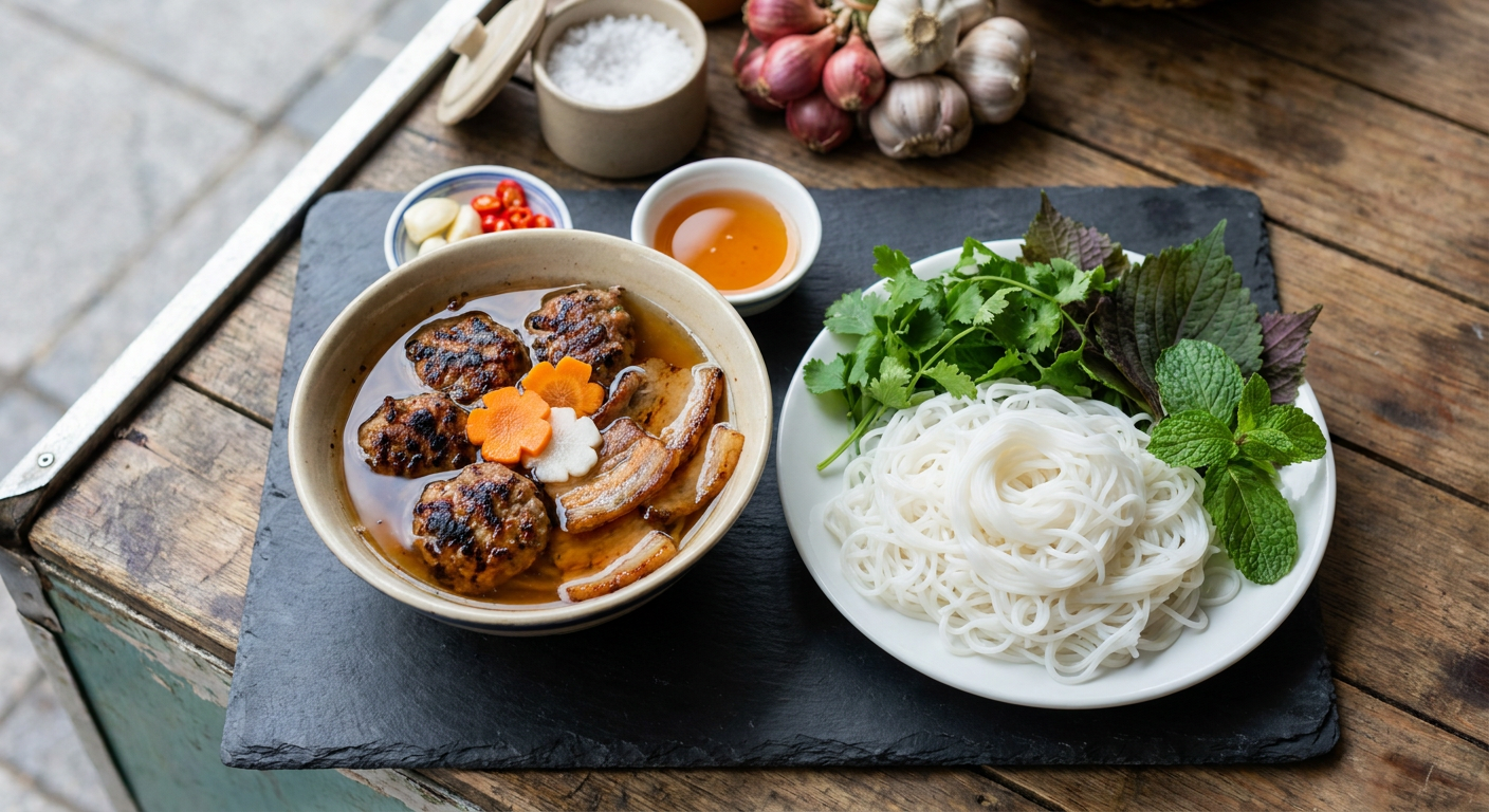 Vietnamesisk bún chả (grillat fläsk med risnudlar) served on a plate, photographed in natural light