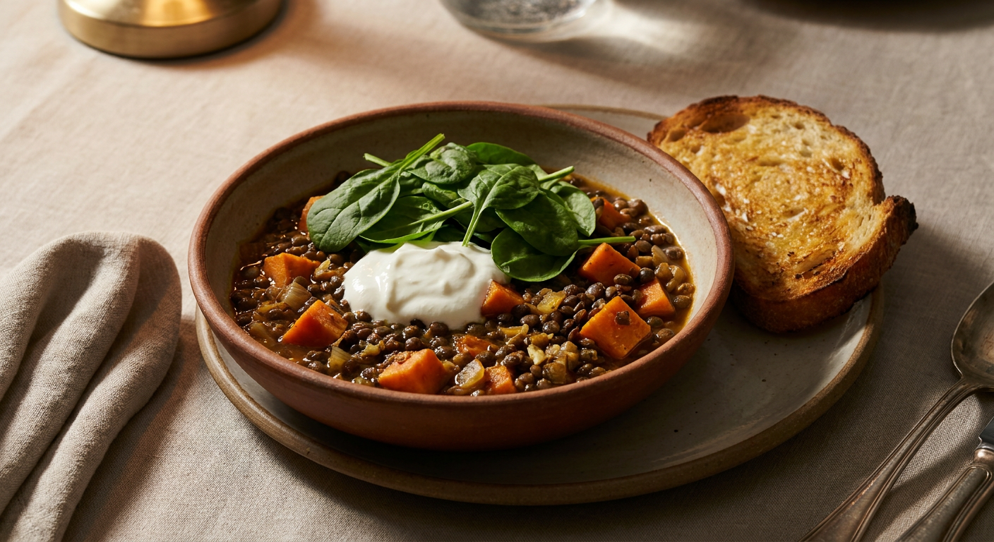 Mustig vegetarisk lins- och sötpotatisgryta served on a plate, photographed in natural light