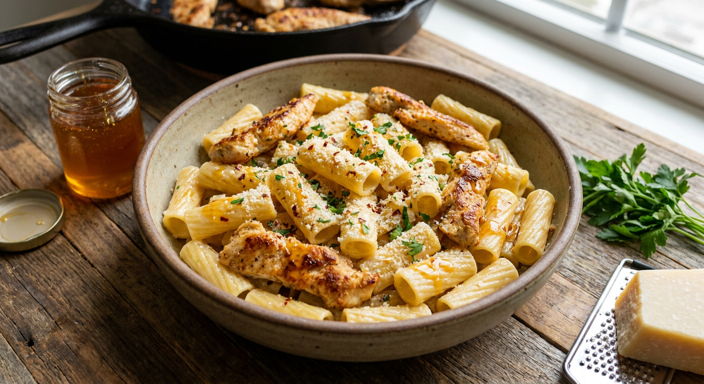 Creamy Hot Honey Chicken Pasta served on a plate, photographed in natural light