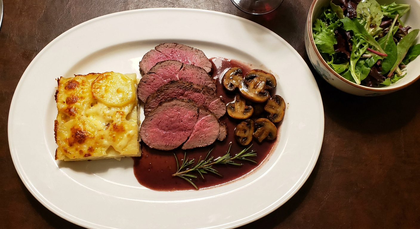 Roast Moose with Red Wine Sauce, Mushrooms, and Potato Gratin served on a plate, photographed in natural light