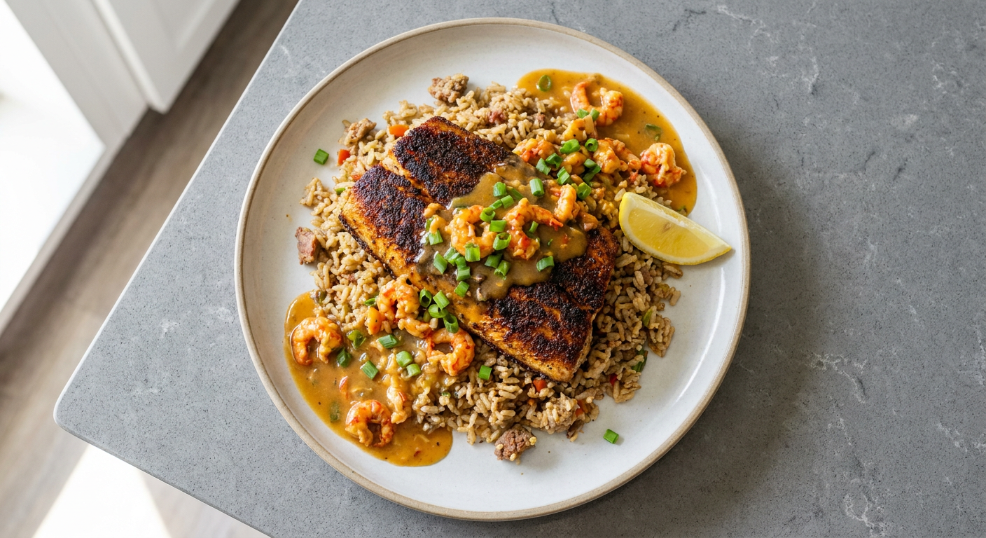 Blackened Redfish with Crawfish Étouffée & Dirty Rice served on a plate, photographed in natural light