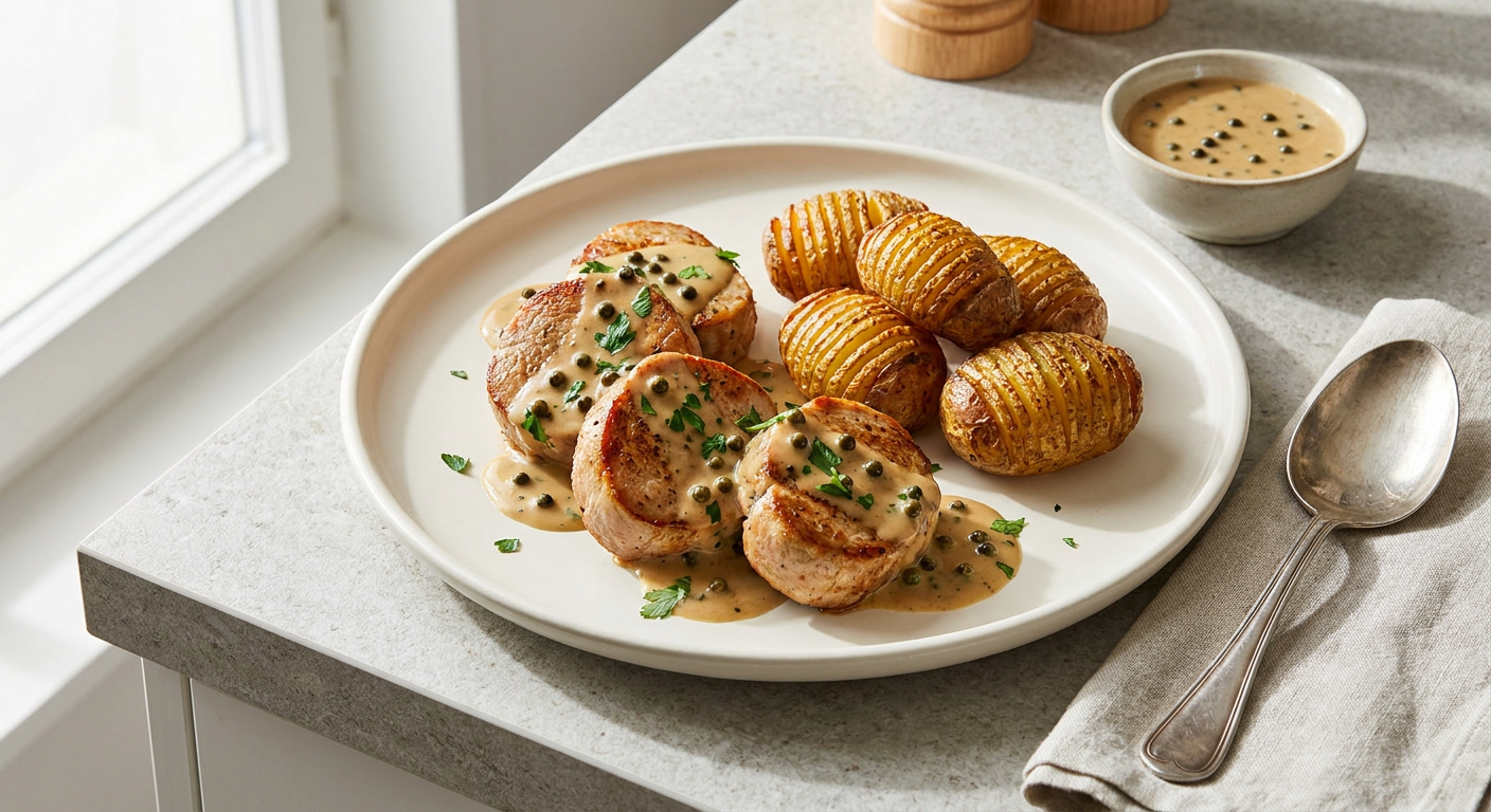 Pork Tenderloin with Cognac and Green Peppercorn Sauce served on a plate, photographed in natural light