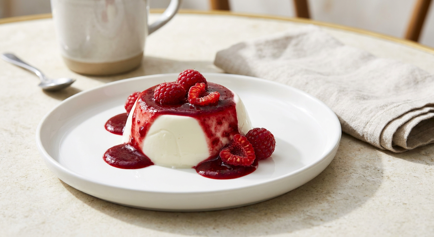 Classic Panna Cotta with Berry Coulis served on a plate, photographed in natural light