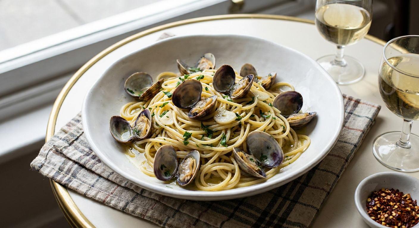 Spaghetti alle vongole served on a plate, photographed in natural light