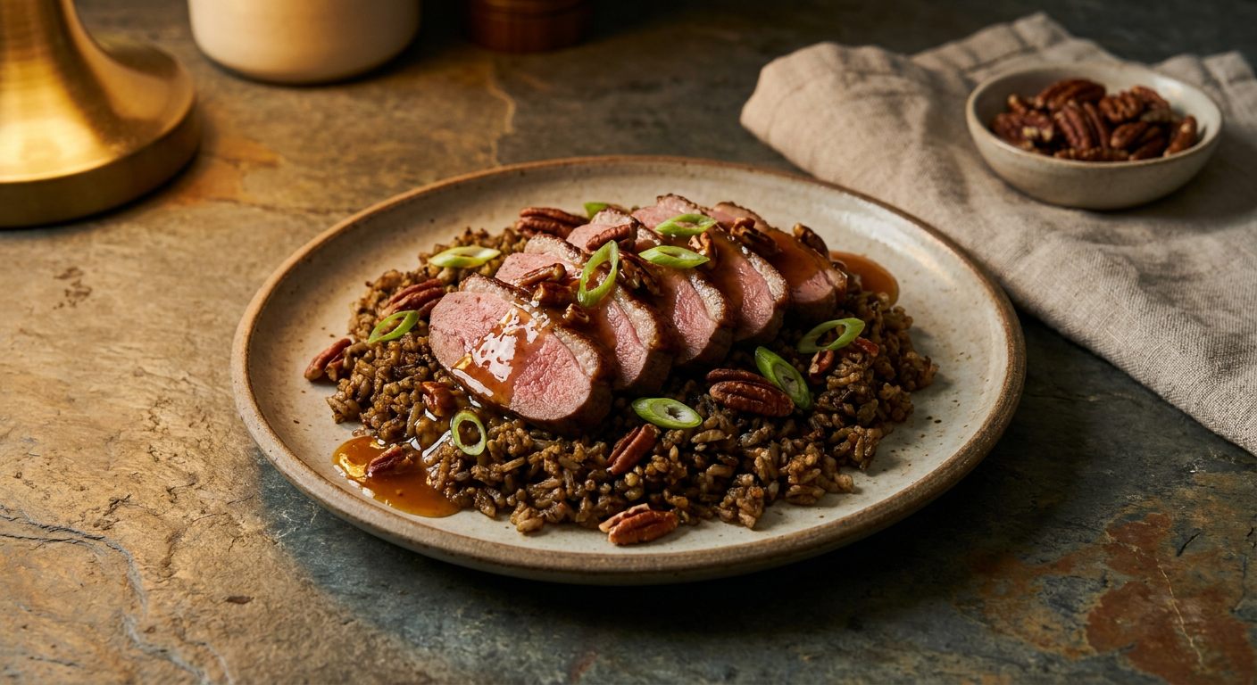 Duck Breast with Dirty Rice and Bourbon-Pecan Sauce served on a plate, photographed in natural light