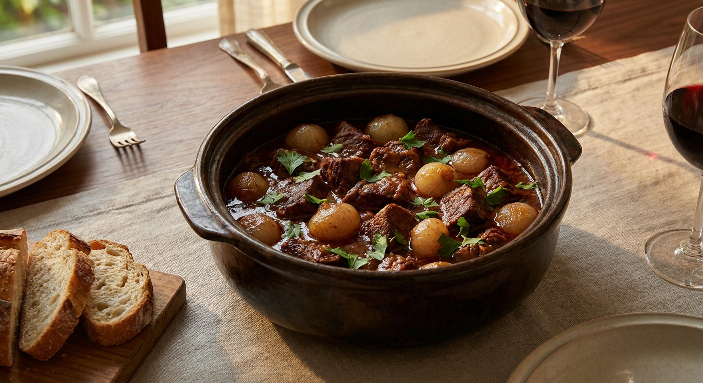 Grekisk stifado på högrev served on a plate, photographed in natural light