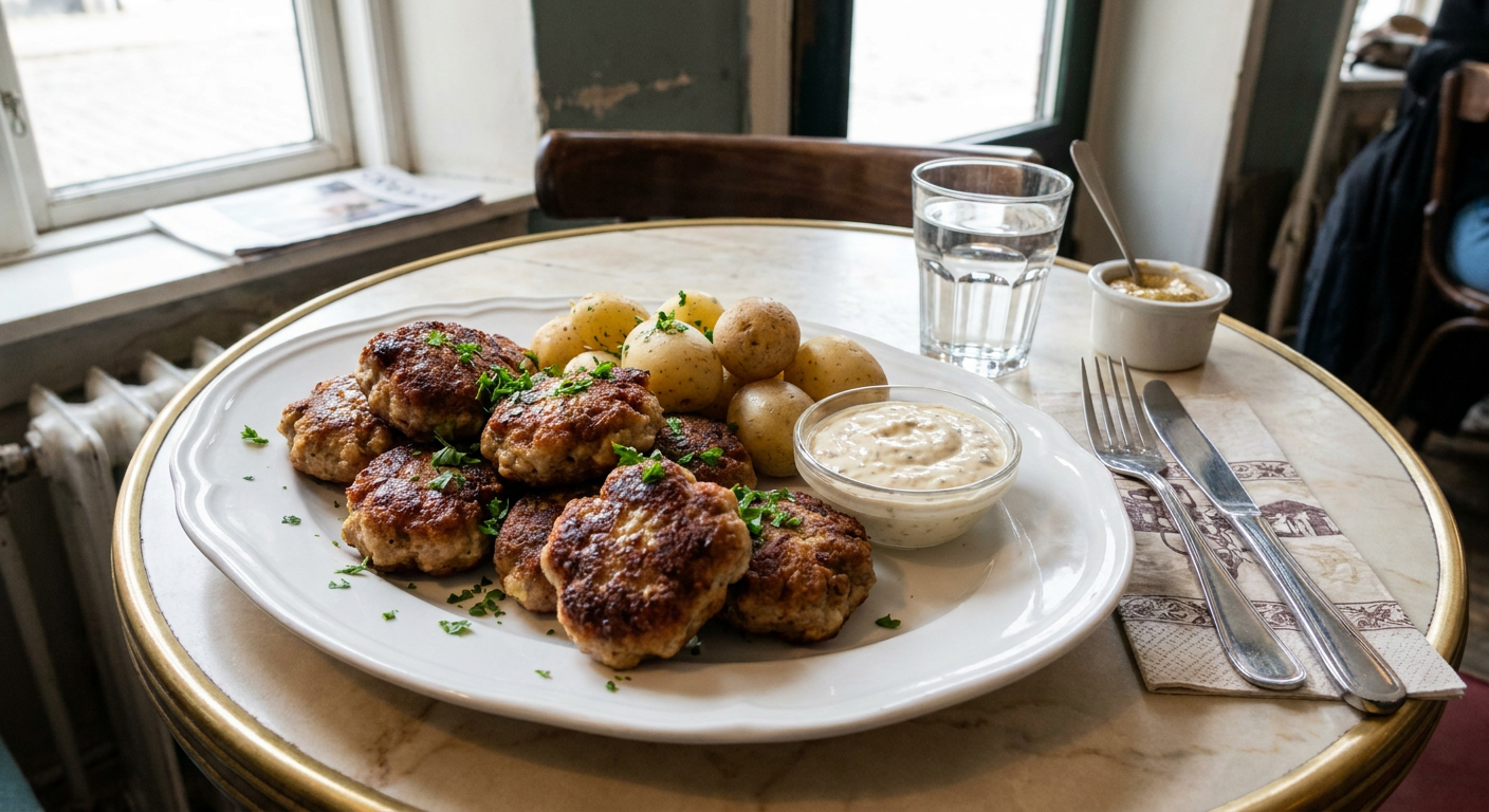Klassiska danska frikadeller served on a plate, photographed in natural light