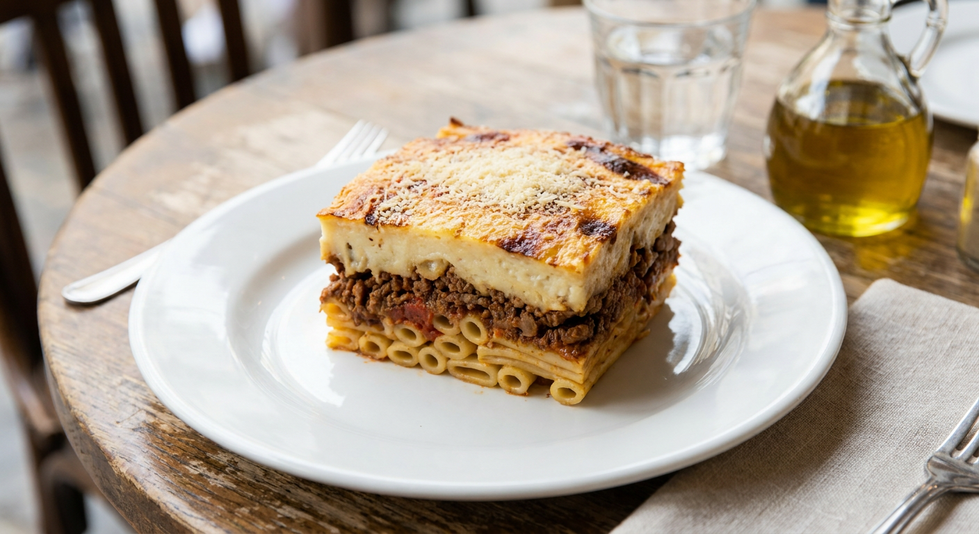 Classic Greek Pastitsio served on a plate, photographed in natural light
