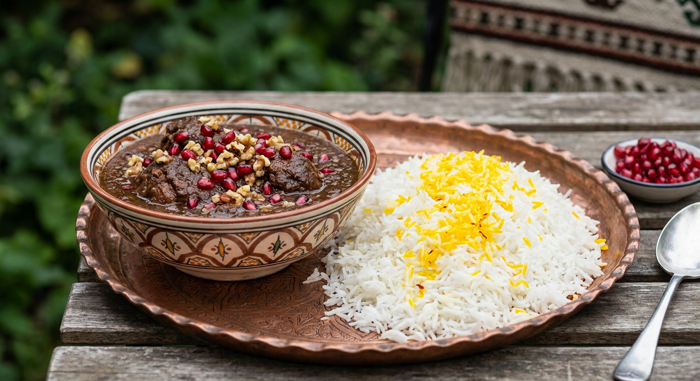 Fesenjan with Saffron Persian Rice served on a plate, photographed in natural light