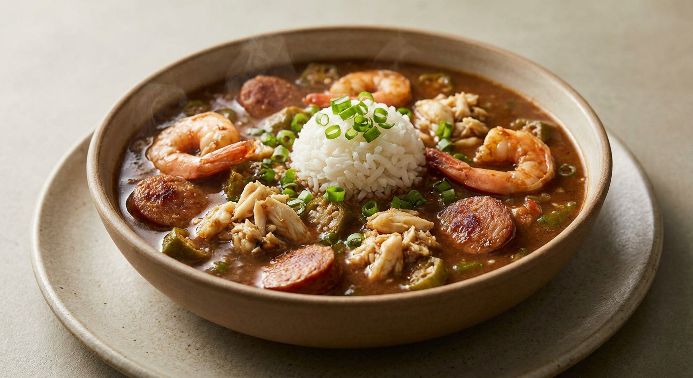 Seafood Gumbo with Shrimp, Crab & Andouille served on a plate, photographed in natural light