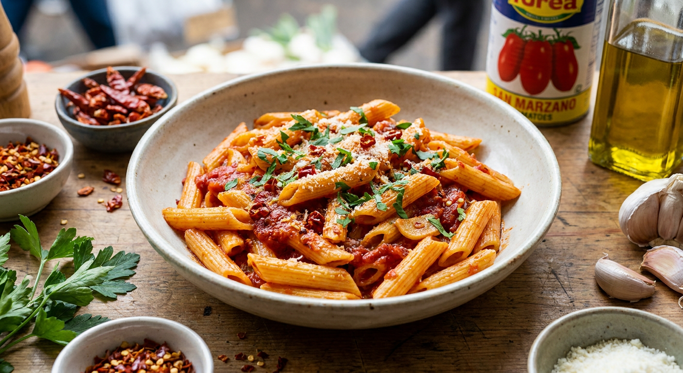 Pasta all'Arrabbiata served on a plate, photographed in natural light