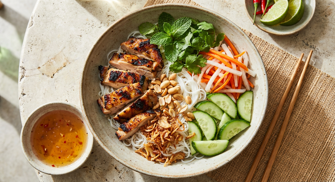Vietnamesisk citrongräskyckling med risnudlar (Bun Ga Nuong) served on a plate, photographed in natural light