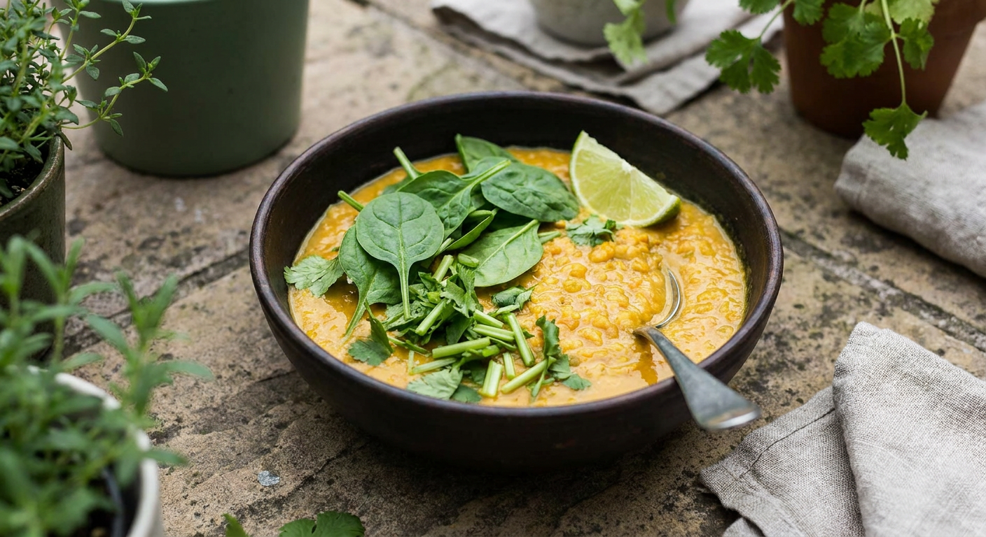 Krämig vegansk linsdahl med kokosmjölk och spenat served on a plate, photographed in natural light