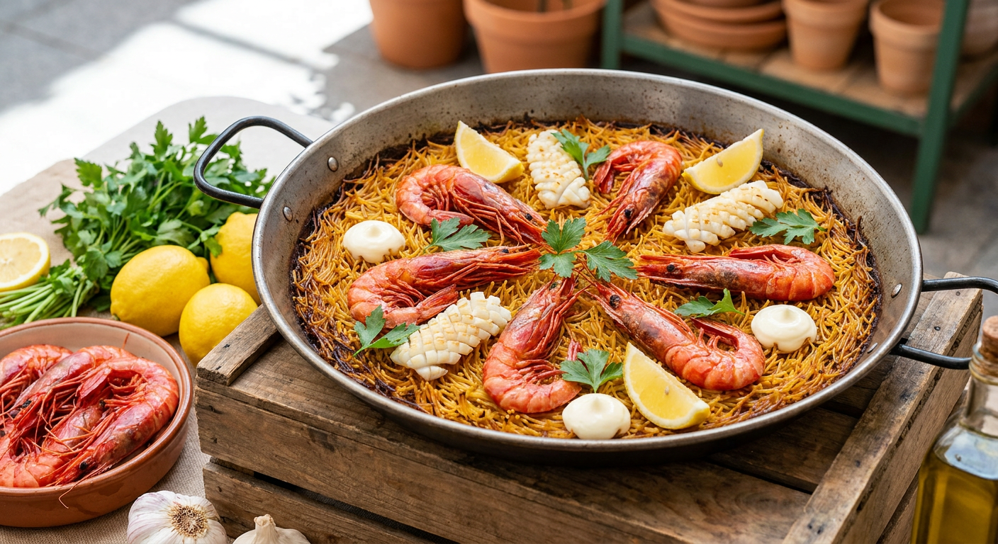 Fideuà de Mariscos de Alta Cocina served on a plate, photographed in natural light