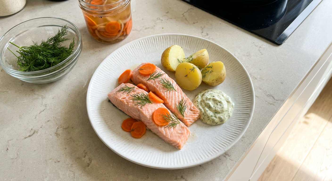 Inkokt lax med potatis och dillsås served on a plate, photographed in natural light