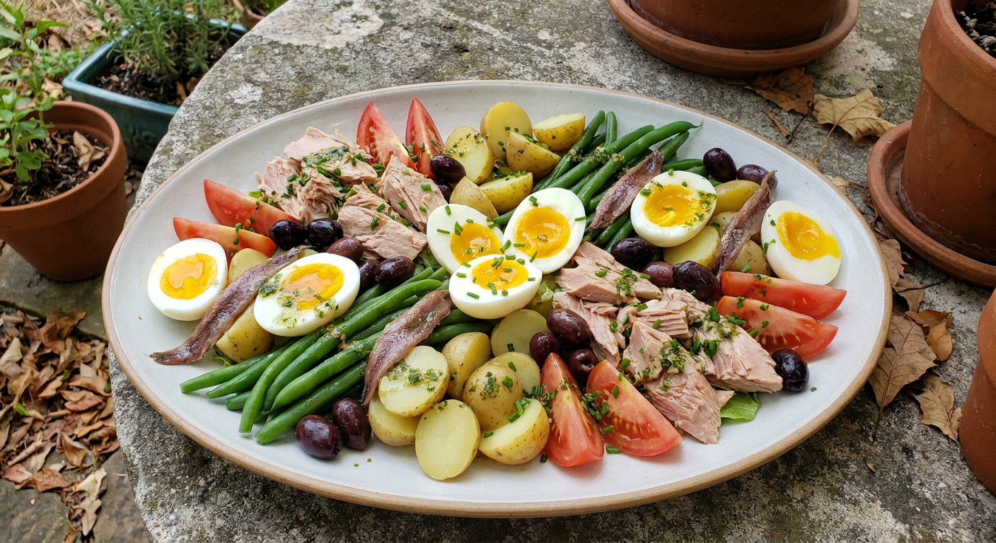 Salad Niçoise served on a plate, photographed in natural light